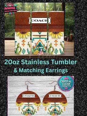 Coach 20oz Stainless Steel Tumbler & Matching Earring Set Custom